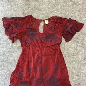 Maeve Burgundy Navy Blue Floral Flowy Cap Sleeve Key Hole Back Midi Dress A25